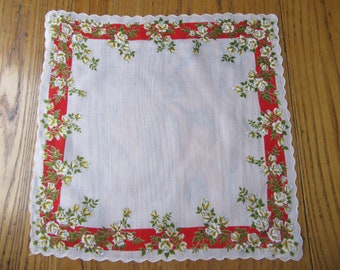 Vintage Handkerchief, White Roses, Imprinted Handkerchief, Christmas Handkerchief,  White Floral Hanky, Vintage Hanky,  Rose Handkerchief