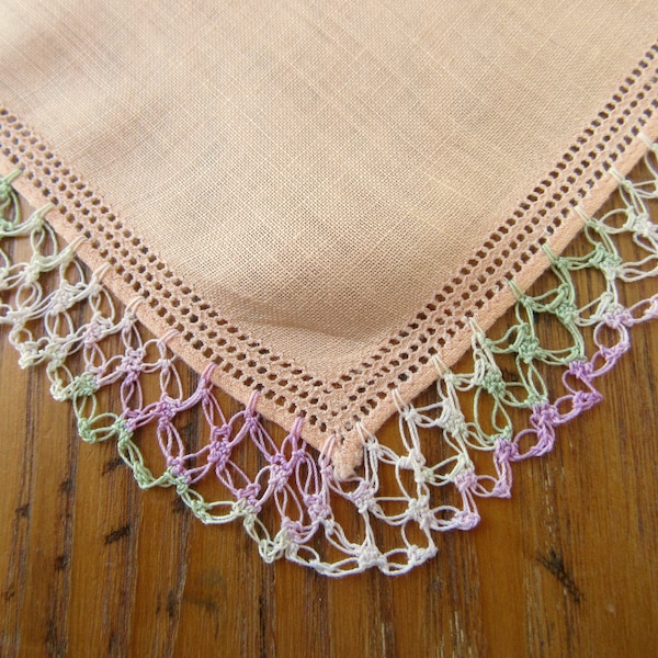 Vintage Handkerchief, Peach Linen, Lilac, Green & White Crochet Edge, Ladder Work Frame, Retro Accessories, Collectible, Gift for Her