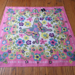 Vintage Japanese Handkerchief, Butterflies, Flowers, Pink, Purple, Aqua, Yellow, Avocado, Japanese Bandana, Batsu Millennium, Cotton, Y2K