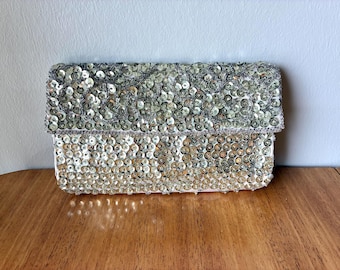 Vintage 1940s Silver Sequin & Bead Clutch, Made In Hong Kong, Vintage Evening Purse