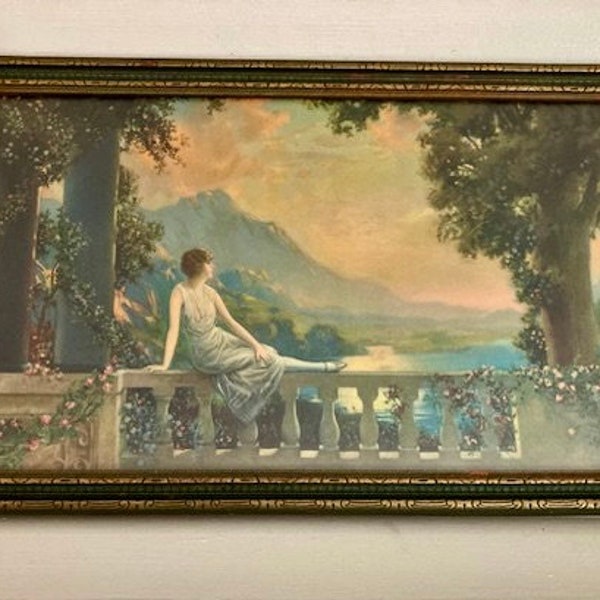 Vintage Atkinson Fox Print, 1920s, Sunset Dreams, 20" x 12", Original Frame, Master Art Publishers, Collectible Prints, Art Deco, Feminine