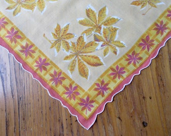 Vintage Handkerchief, Horse Chestnut Leaves, Autumn Handkerchief, Orange, Gold, Fuchsia, Fall Leaves, Collectible Hanky, Gift For Her/Him