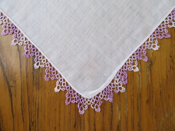 Vintage Tatted Handkerchief, Lilac Tatting, White… - image 6