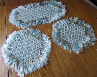 Vintage Doily, Set of 3, 1970's Craft Doily, Aqua and White, Shimmery, Yarn Loom Doily, Doily Set, Doily, Vintage Decor, Retro Decor