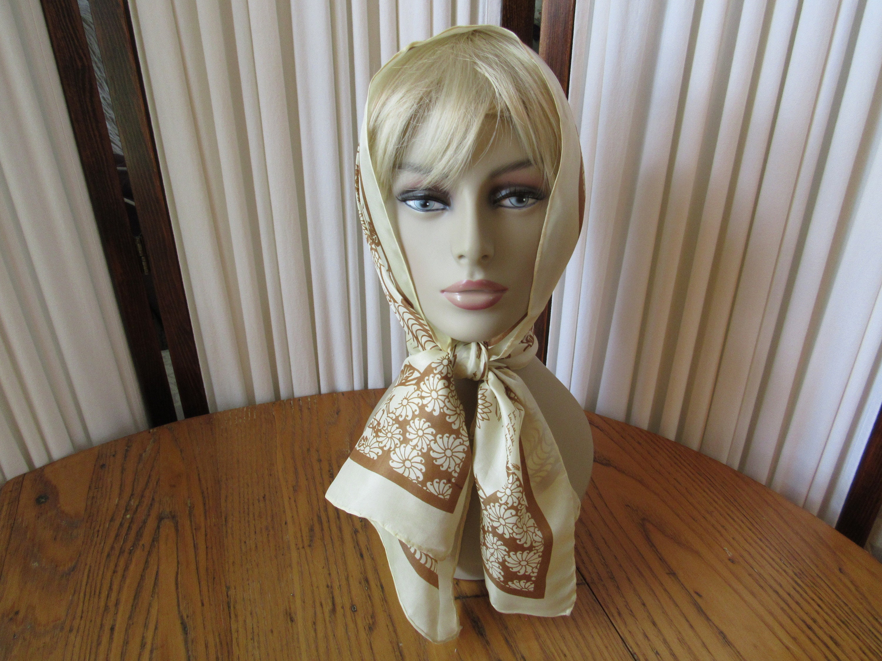 1960's Vintage Glentex Silk Scarf, Asian Art, Beige & Brown, Long