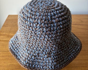 Hand Crocheted Bucket Hat, Denim Blue & Brown Bucket Hat, Festival Hat, Summer Hat, 100% Cotton