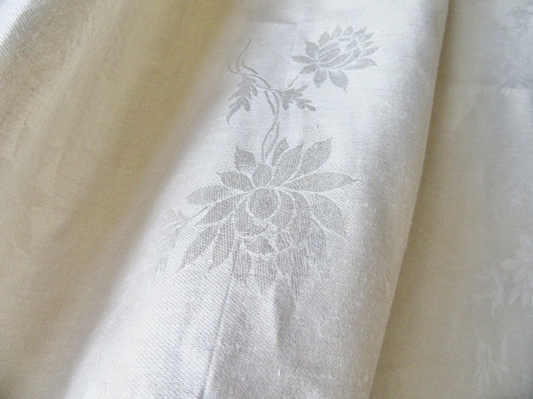 Vintage Fine Satin Damask Linen Fabric, 70 X 90,ivory, Heavy Weight