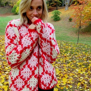 Handmade Cardigan, Bulky, Size Medium, Sweater, Red, Pink, Cream, Bulky Winter Sweater, Warm Sweater, Red Sweater, Pink Sweater