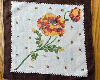 Vintage Handkerchief, Orange & Gold Poppies, Vintage Floral Hanky, Floral Hanky, Vintage Hanky, Poppies, August