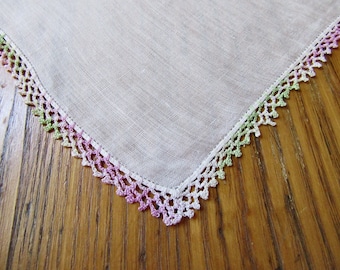 Vintage Handkerchief, Lilac, Green and White Crochet Edge, White Linen, Lilac Handkerchief, Retro Accessories, Purple Handkerchief