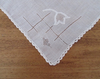Vintage Handkerchief, White Linen, Embroidered, Drawn Work, Appliqué, Crochet Edge, Wedding Handkerchief, Hand Rolled and Stitched Edge