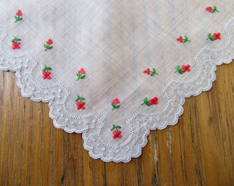 Vintage Handkerchief, Red Embroidered Flowers, Retro Accessories, Embroidered Hanky, Collectible Hanky, Gift For Her, Silver Scalloped Edge