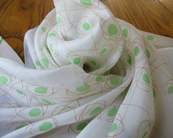 Vintage Silk Scarf, White With Green Polkadots and Brown Swirls, Hand Rolled Green Edge, Silk Blend, Silk Scarf, Retro Style, 1950's Fashion