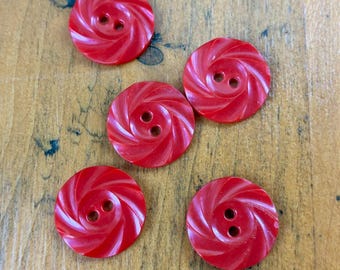 Botones de plástico vintage, juego de 5, botones rojos, botones rojos con remolino, botones coleccionables, 20 mm