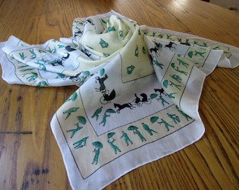 Vintage Silk Scarf, Coachmen with Horse & Carriage, Umbrellas, Green Lanterns, White, Kelly Green, Yellow and Black, Silk Blend, Retro