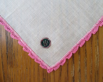 Vintage zakdoek, originele tag, watermeloen gehaakte randen, roze, linnen zakdoek, vintage witte zakdoek met roze rand