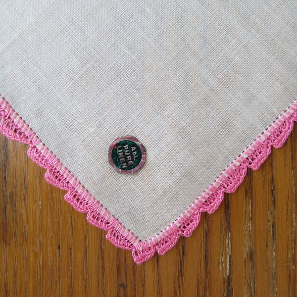 Vintage Handkerchief, Original Tag, Watermelon Crochet Edged, Pink, Linen Handkerchief, Vintage White Handkerchief With Pink Edge