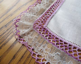 ヴィンテージ ハンカチ、ラベンダー クロシェ エッジ、ホワイト レース