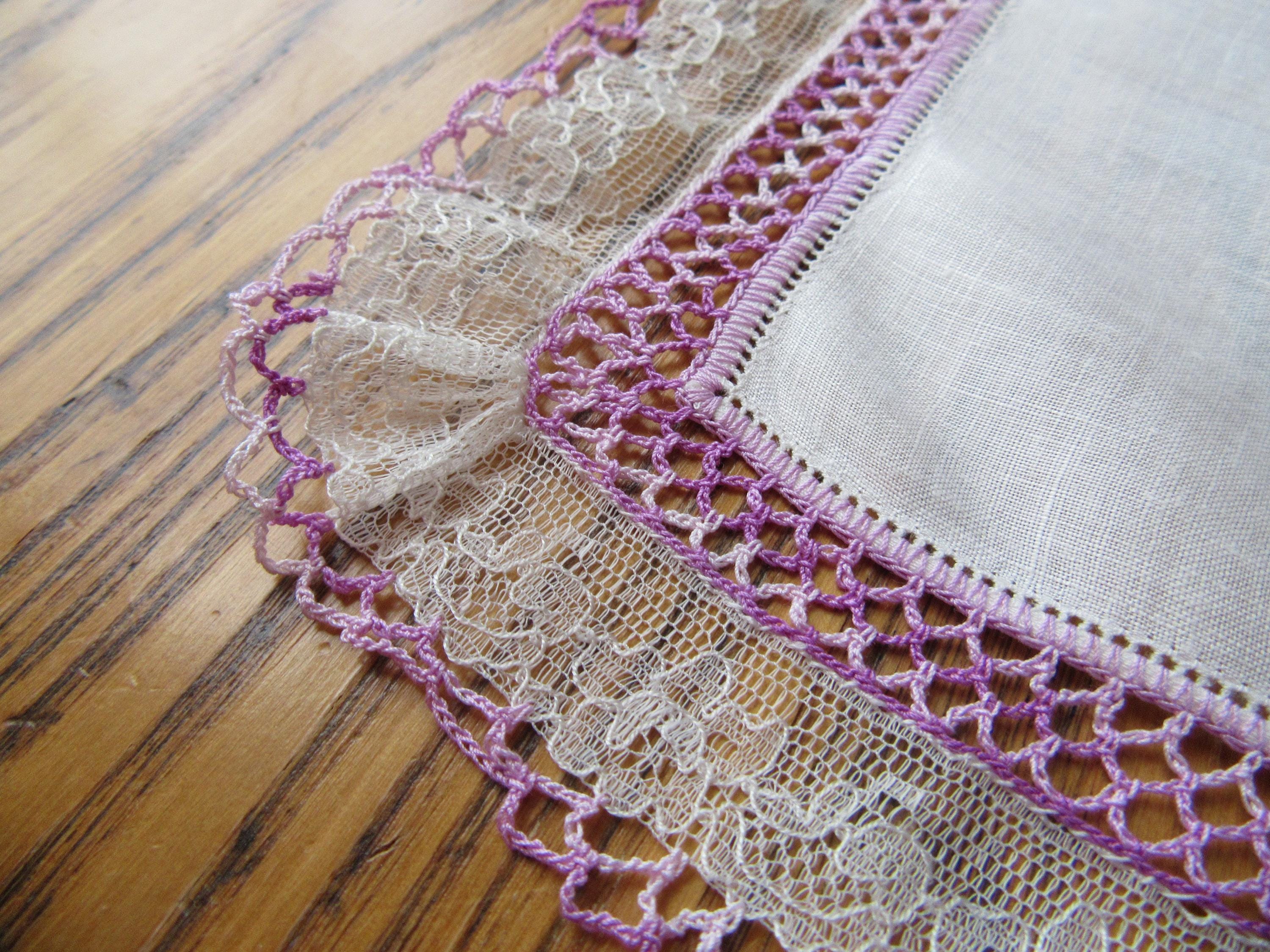 ヴィンテージ ハンカチ、ラベンダー クロシェ エッジ、ホワイト レース