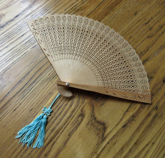 Vintage Ladies Fan, Wooden Fan, Aqua Tassel, Japa… - image 1