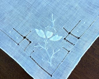 Vintage Handkerchief, White Linen, Embroidered, Drawn Work, Appliqué, Wedding Handkerchief, Hand Rolled and Stitched Edge