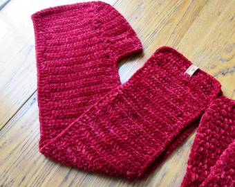 Ruby Red Hooded Scarf, Velvet Chenille, Valentine's Gift, Red Scarf, Scood, Handmade Gift, Gift For Her, Winter Scarf, Women's Scarf