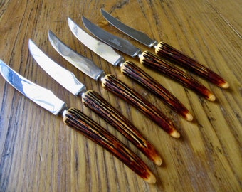 Vintage Stag Horn Steak Knives, Sheffield England, Set of 6, Faux Bakelite Handles, Antler Knives, Wedding Gift, Gift For Him, Housewarming