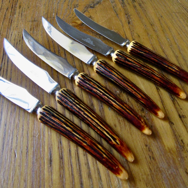 Vintage Stag Horn Steak Knives, Sheffield England, Set of 6, Faux Bakelite Handles, Antler Knives, Wedding Gift, Gift For Him, Housewarming