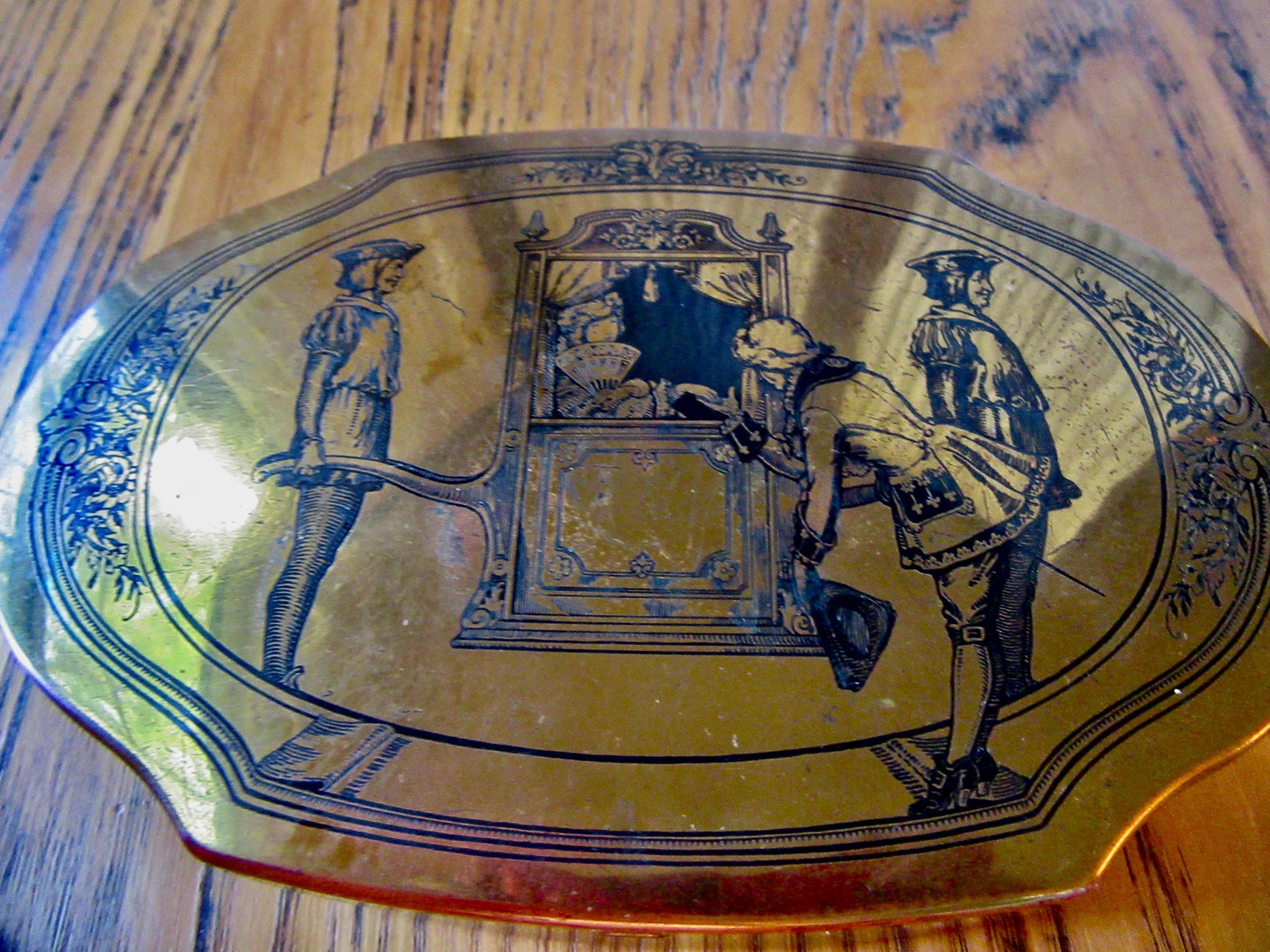Schrafft's Candy Tin, 1930s/1940s, Gold Tin, 18th Century Scene