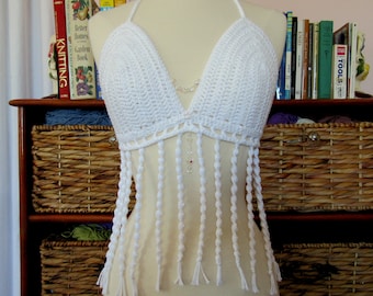 Crochet Halter Top, White, SM/MED, Austrian Crystals, Beach Wedding Attire, Summer Wedding, Sustainable, Hippie Top, Beaded Halter Top, Boho