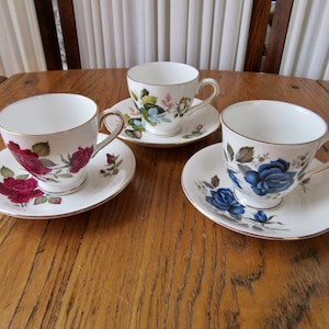 Elizabethan Fine Bone China Teacups & Saucers, Set of 3, Vintage 1967, Staffordshire England, Vintage Tea Cups, Gift for Her, Floral Cups