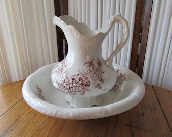 Harker Pottery 1800s Pitcher & Wash Basin, Cranberry Floral Transferware, Aesthetic Movement Decor, Gift For Her, Ohio, USA, Porcelain