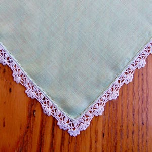 Vintage Handkerchief, Soft Jade Green Linen, White Crochet Edge, Wedding Handkerchief, Green Hanky, St Patricks Day Accessory, Collectible