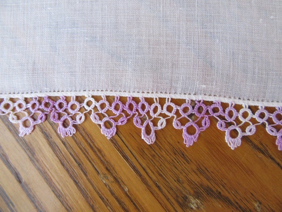 Vintage Tatted Handkerchief, Lilac Tatting, White… - image 2