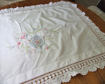 Vintage Pillow Cover, Percale Linen, Embroidered, Crochet Edge, Lay Over Pillow Cover, Wedding Gift, Embroidery, Vintage Bed, Floral