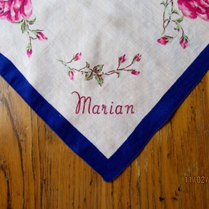 Vintage Handkerchief, Monogrammed Marian, Pink Roses, Navy Blue Edge, 1950&#39;s Fashion, Vintage Style, Rose Handkerchief, Marian