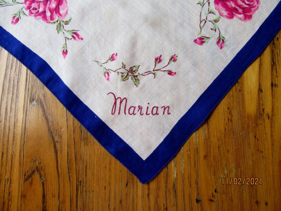 Vintage Handkerchief, Monogrammed Marian, Pink Ro… - image 1