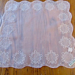 Vintage Handkerchief, Unused/Original Tag, W. T. Grant Co., White Stamped Flowers, Nylon, Collectible Handkerchief, Scalloped, Gift for Her image 3