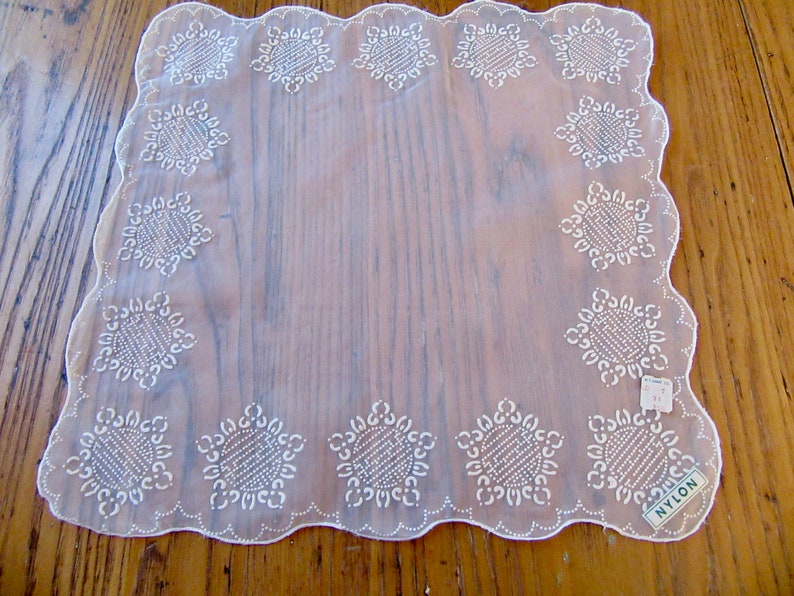 Vintage Handkerchief, Unused/Original Tag, W. T. Grant Co., White Stamped Flowers, Nylon, Collectible Handkerchief, Scalloped, Gift for Her image 3