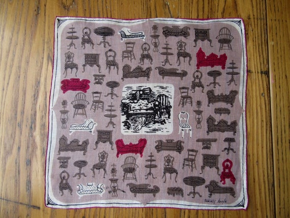 Vintage Tammis Keefe Linen Handkerchief, Antique Furniture Print