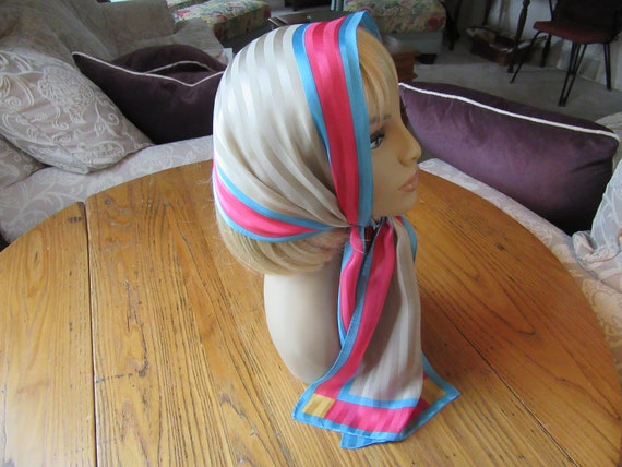 Vintage Kenzo Scarf, Silk, Hot Pink, Aqua, Pewter… - image 1