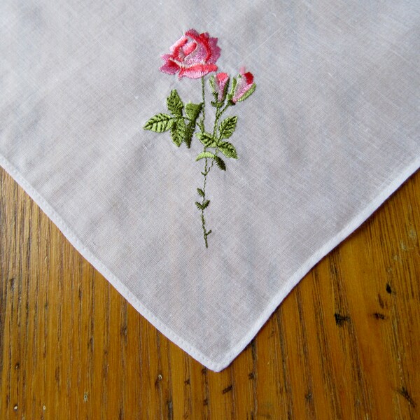 1950's Vintage Handkerchief, Embroidered Pink Roses, Rose Hanky, Embroidered Hanky, Vintage Hanky, Pink Handkerchief, Gift for Her, Retro