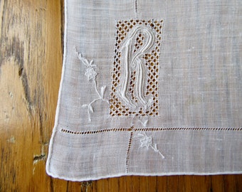 Antique Monogrammed Handkerchief, R Monogrammed Handkerchief, Victorian Handkerchief, Hand Rolled and Stitched, Pull Work, Gift