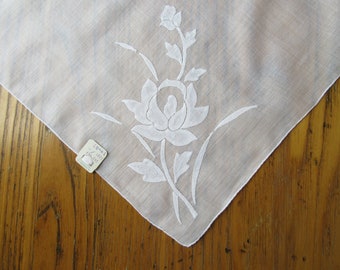 Vintage Wedding Handkerchief, Unused, Appliqué Flowers, White Floral Hanky, Vintage Hanky, B. Forman Co., Hand Rolled