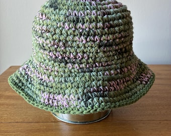 Hand Crocheted Bucket Hat, Camouflage & Pink, Cotton Crochet Bucket Hat, Festival Hat, Summer Hat, 100% Cotton