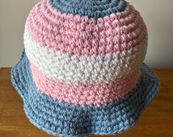 Crochet Bucket Hat, Pride Bucket Hat, Trans Flag Hat, Festival Hat, Summer Hat, 100% Cotton