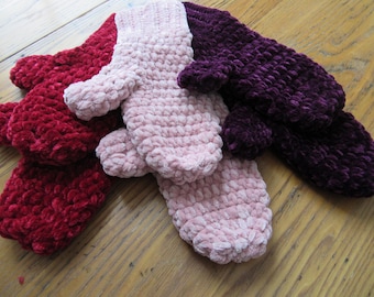 Velvet Mittens, Cozy, Warm, Luxurious,Thick Mittens, Red, Purple, Pink Mittens, Handmade Gift, Chenille Mittens,Christmas Gift,Gift For Her