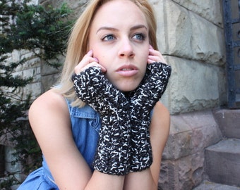 Chunky Knit Fingerless Gloves, Black and White Cotton Blend, Boho Wrist Warmers