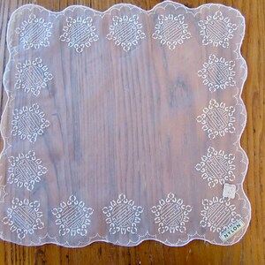 Vintage Handkerchief, Unused/Original Tag, W. T. Grant Co., White Stamped Flowers, Nylon, Collectible Handkerchief, Scalloped, Gift for Her image 2