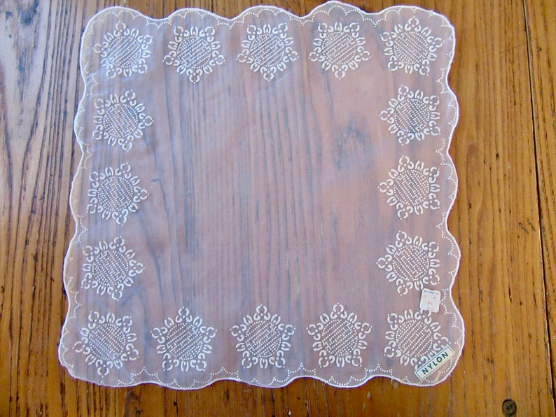 Vintage Handkerchief, Unused/Original Tag, W. T. Grant Co., White Stamped Flowers, Nylon, Collectible Handkerchief, Scalloped, Gift for Her image 2